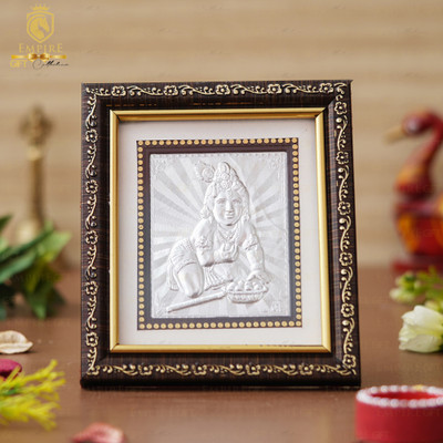Tedlayer 999 Silver Ladu Gopal ji Frame for Gifts and Home Décor (5.7 x 5 Inches) Decorative Showpiece  -  3.6 cm(Silver Plated, Wood, Silver)