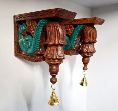 JlineArts Wooden Bodhil Wall Bracket Pair 9 Inch Peacock Design Antique Finish Brass Bells Decorative Showpiece  -  23 cm(Wood, Brown)