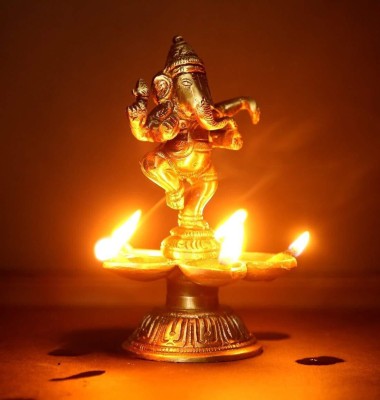 WEBELKART Designer Brass Dancing Lord Ganesha Diya Decorative Showpiece  -  14 cm(Brass, Gold)