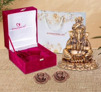 INTERNATIONAL GIFT Copper Cymbal Ganesh Idol Murti With Box & Bag | For Pooja, Home Decorative Showpiece  -  12 cm(Aluminium, Brown)