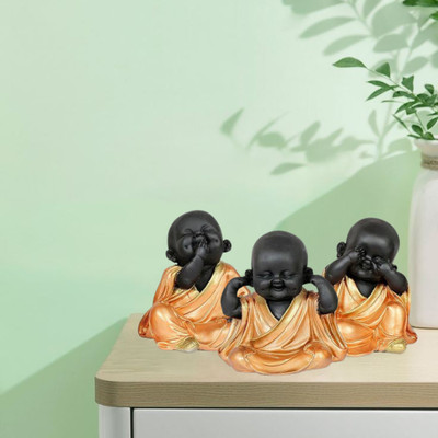 GW Creations Set of 3 Baby Buddha Monk Statue Decorative Showpiece  -  12 cm(Polyresin, Gold)
