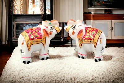 Pooja Creation Marble Pair Elephant With Beautiful Design And Color In Piece Of Jodi Decorative Showpiece  -  6 cm(Stone, White)