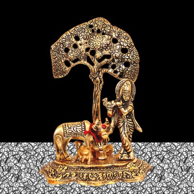 Kitlyn Metal Krishna with Cow Standing Under Tree Plying Flute, Krishna with Cow n Calf Decorative Showpiece  -  15 cm(Brass, Gold)