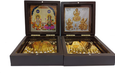 Guruji Creations Gold Plated Combo of Laxmi Ganesh Saraswati Photo Frame with Charan Paduka Decorative Showpiece  -  11 cm(Wood, Gold)