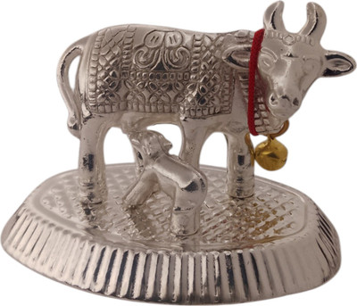 Anantamitra Kamdhenu Cow and Calf Vastu Statue with Bell for Prosperity and Worship Decorative Showpiece  -  5.5 cm(Silver Plated, Silver)