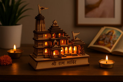 D. E. S Shri Ram Mandir Wooden Temple Model with LED Light Showpiece for Home & Office Decorative Showpiece  -  25 cm(Wood, Brown)