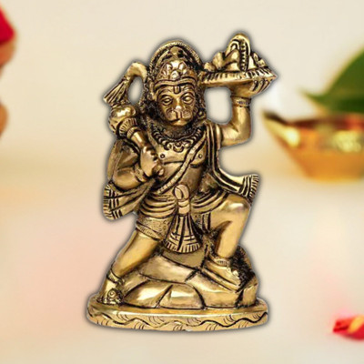 DARIDRA BHANJAN Metal Hanuman ji Pahad Idol | Bajrangbali Sitting on Metal for Home Decor Decorative Showpiece  -  13 cm(Metal, Gold)