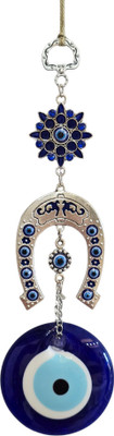 Blue Eye Blessings Turkish Evil Eye Hanging with Horseshoe & Floral Beads Protection Decorative Showpiece  -  5 cm(Glass, Blue)