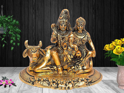 DARIDRA BHANJAN Metal Shiv Parivar / Shiv Parvati With Ganesh And Kartik / Shiv family idol Decorative Showpiece  -  15 cm(Metal, Gold)