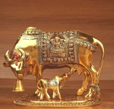 Viyu Creations Metal Kamdhenu Cow and Calf Idol Gold Finish Holy Spiritual Showpiece for Vastu Decorative Showpiece  -  16 cm(Metal, Gold)