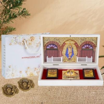 INTERNATIONAL GIFT Silver Sai Baba Idol With 2 Pics Puja Diya with Agarbatti Incense Stick Stand Decorative Showpiece  -  18 cm(Gold Plated, Gold)
