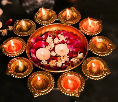 FogLobby Diya Shape Flower Decorative Urli Bowl for Home Iron Diya Set Decorative Showpiece  -  5 cm(Metal, Gold)