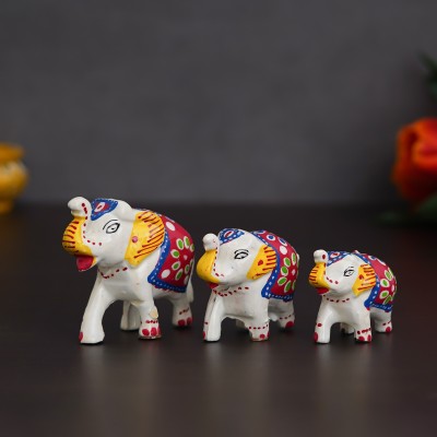 eCraftIndia Set of 3 Designer Elephant Showpiece Animal Figurines- Multicolor Decorative Showpiece  -  4.5 cm(Paper Mache, White)