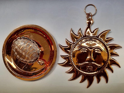 Chkoteravatiya Copper Tortoise Plate Set And Copper suraj for Vaastu Dosh Decorative Showpiece  -  13 cm(Copper, Brown)
