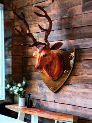 VMSK HandiCraft Deer Head Key Holder | 12” Inch | Brown | Premium Key Holder Leather, Wood, Iron, Microfibre Key Holder(1 Hooks, Brown)