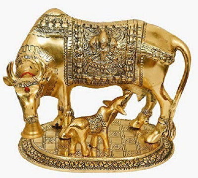VALUE CRAFTS Divine Edge Mini Kamdhenu Cow & Calf Idol Decorative Showpiece  -  14 cm(Metal, Gold)