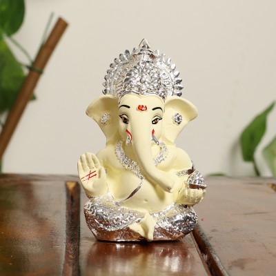 INTERNATIONAL GIFT Silver & Cream Ganesh Idol Murti | for Table, Car Dashboard Decorative Showpiece  -  9 cm(Resin, Silver)