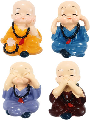 Spreading Smiles Monk with mala hat Pair of 4 monks Decorative Showpiece  -  7 cm(Polyresin, Multicolor)
