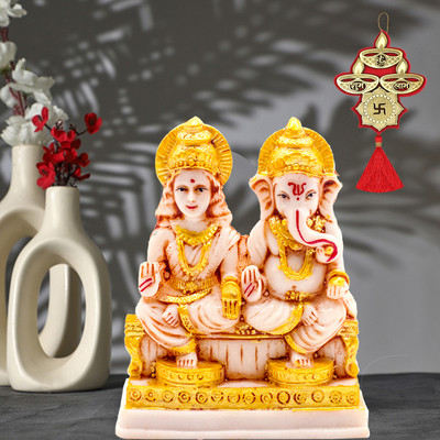 NOKTUS Maa Lakshmi With God Ganesha Statue Idol Murti Showpiece |Ganesha, Ganpati murti Decorative Showpiece  -  12 cm(Clay, Gold)