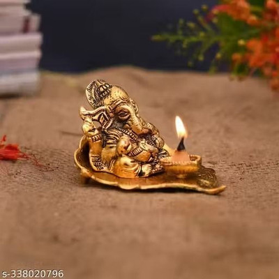 Great More Ganesh Ji with Diya Showpiece – Gold Metal 8.5 cm Decorative Showpiece  -  5 cm(Metal, Gold)