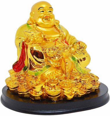 GJ Feng Shui Laughing Buddha with Wealth for Money Success and Happiness Decorative Showpiece  -  15 cm(Polyresin, Gold)