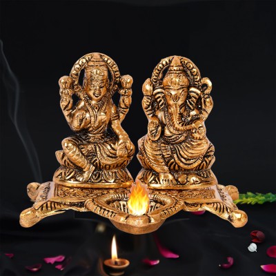 Kitlyn Laxmi Ganesh Statue With Diya, God of Wealth Prosperity Good Luck Success Decorative Showpiece  -  10 cm(Brass, Gold)