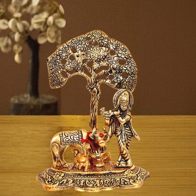 NOKTUS Metal Krishna Statue/Idol/Sculpture - Lord Krishna with Kamdhenu Cow n Calf Decorative Showpiece  -  15 cm(Aluminium, Gold)