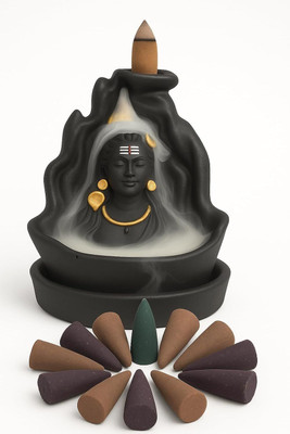 POPSEE Adiyogi Shiva Smoke Fountain Backflow Incense Holder with 10 Cones for Home Decorative Showpiece  -  10 cm(Polyresin, Black)