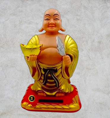 HUZUR JI Laughing Buddha Holding Ingot and Waving Moving Head and Fan Decorative Showpiece  -  13 cm(Plastic, Yellow)