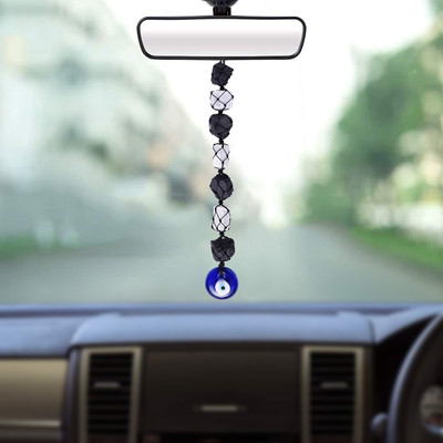 Shubhanjali Black Tourmaline Selenite Rough Chunks Evil Eye Hanging for Home Decor Car Wall Decorative Showpiece  -  20 cm(Crystal, Black, White, Blue)