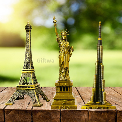 GIFTWA Burj Khalifa, Eiffel Tower, Statue of Liberty for Home & Office Décor Gift Décor Decorative Showpiece  -  13 cm(Metal, Brown)