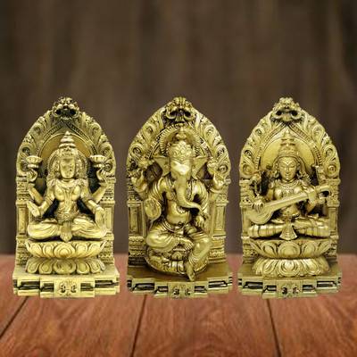 JRG Lakshmi Ganesha Saraswathi Gold Antique Finish Idol (25 cms x 5 cms x 14 cms) Decorative Showpiece  -  14 cm(Polyresin, Multicolor)