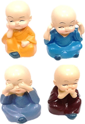AFTERSTITCH baby buddha monk idol statue set of 4 showpiece for home office décor Decorative Showpiece  -  5 cm(Polyresin, Multicolor)