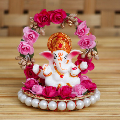 eCraftIndia Lord Ganesha Idol on Decorative Handcrafted Plate with Throne Decorative Showpiece  -  9.5 cm(Metal, Polyresin, Red, Pink, White)