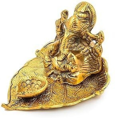 A & S VENTURES Ganesh Diya for Home Decoration,Lord Ganesh Diya Stand on Leaf Decorative Showpiece  -  7 cm(Metal, Gold)