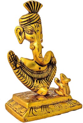 Green Tales Gold Plated Decorative Pagdi Ganesh with Rat Showpiece Idol Decorative Showpiece  -  9 cm(Brass, Gold)