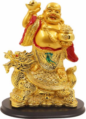 Spilbox Resin Golden HappyMan Statue|LaughingBuddha|ShowPiece-HappyMan with TurtleStatue Decorative Showpiece  -  21 cm(Resin, Gold)