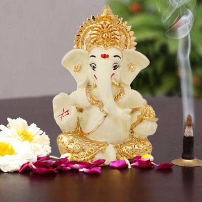 INTERNATIONAL GIFT Cream & Gold Plated Ganesh Idol Statue | Murti For Pooja, Car Dashboard Decorative Showpiece  -  8.5 cm(Metal, Gold)