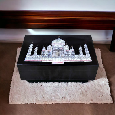 Pooja Creation inlay Taj mahal and Floral inlay Work Jewellery Box for Multi Purpose Decorative Showpiece  -  15 cm(Marble, Black)