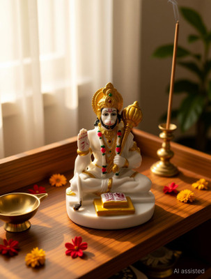 AVG ARTISTRY Sitting Lord Hanuman Ji Idol Resin Marble Finish Bajrangbali Murti Home Temple Decorative Showpiece  -  9 cm(Polyresin, White, Gold)