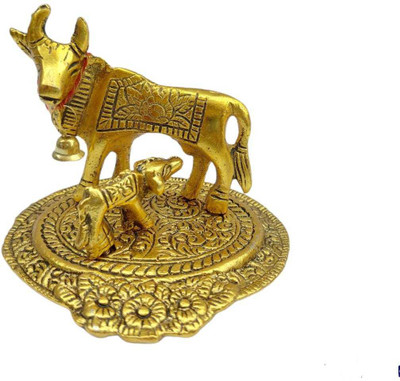 ARP CRAFTS Metal Religious Kamdhenu Cow with Calf Handmade Handicraft Decorative Showpiece Decorative Showpiece  -  8 cm(Aluminium, Gold)