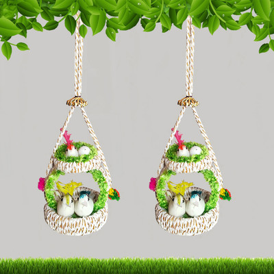 The Shine Store Home Décor Artificial Birds Nest Made of Natural Jute Rope for Wall Hanging Decorative Showpiece  -  30 cm(Jute, Plastic, Feather, Green)