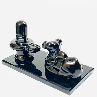 DARIDRA BHANJAN Natural Crystal Sphatik Shivling with Nandi for Puja, Shiva Idol, Shiv ling Set Decorative Showpiece  -  4 cm(Crystal, Black)