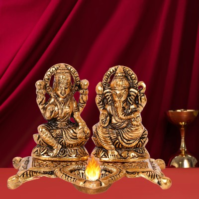 Kitlyn Mata Lakshmi With God Ganesha Idol With Deepam Oil lamp for pooja room Decorative Showpiece  -  10 cm(Brass, Gold)