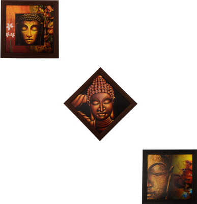 eCraftIndia Set Of 3 Meditating Buddha Decorative Showpiece  -  30 cm(Wood, Multicolor)