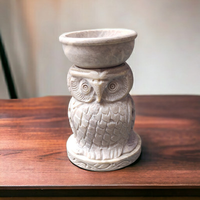 Pooja Creation Soapstone Owl Handcrafted Fragrance Aroma Oil Diffuser Burner Decorative Showpiece  -  10 cm(Stone, Beige)