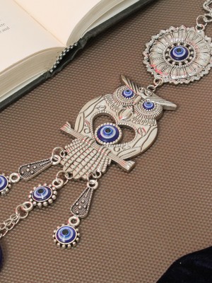 TIED RIBBONS Wall Hanging Owl Evil Eye For Good Luck Charm and Prosperity Decorative Showpiece  -  10 cm(Metal, Multicolor)