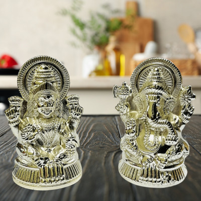 DARIDRA BHANJAN Silver Ganesha Laxmi Set For Puja, Laxmi Ganesha idol Decorative Showpiece  -  8 cm(Metal, Silver)
