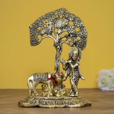 eCraftIndia Lord Krishna playing Flute under Tree with Golden Cow and Calf Decorative Showpiece  -  16.5 cm(Aluminium, Gold, Brown)