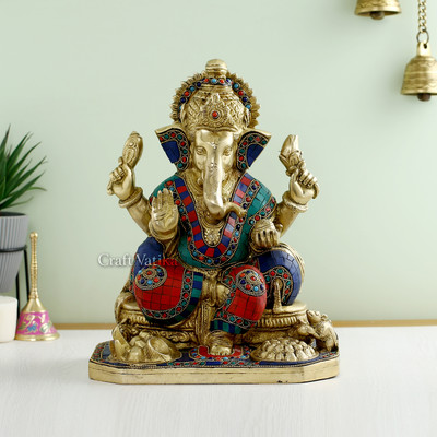 CraftVatika Lord Ganesh Idol Brass Statue Ganesh Ji Ki Murti Showpiece Ganpati Figurine Decorative Showpiece  -  33.02 cm(Brass, Multicolor)
